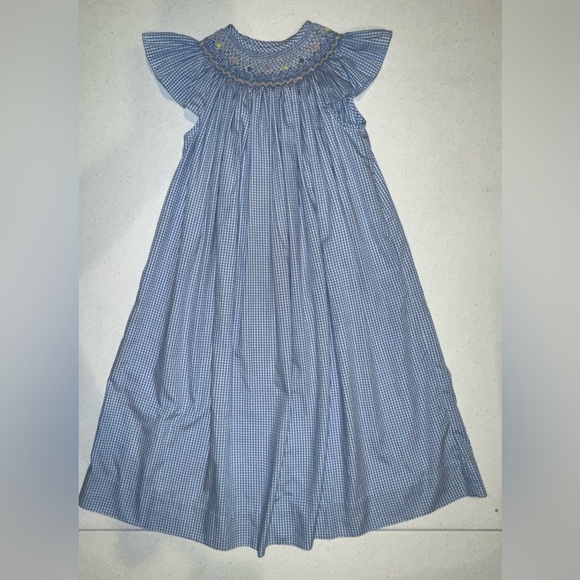 Kids Girls Smocked Blue & White Gingham with Embroidered Design & Flowers - Picture 1 of 11